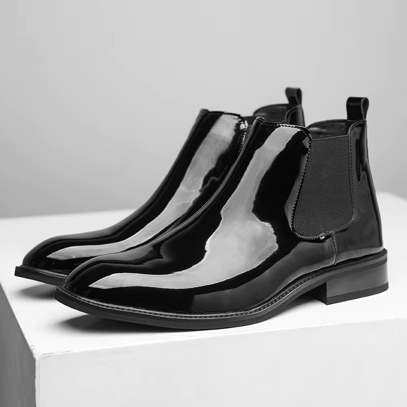 Bottines Chelsea pour hommes en cuir verni noir boucle cheville bout rond affaires classique à la main hommes bottes courtes Botas De Hombre