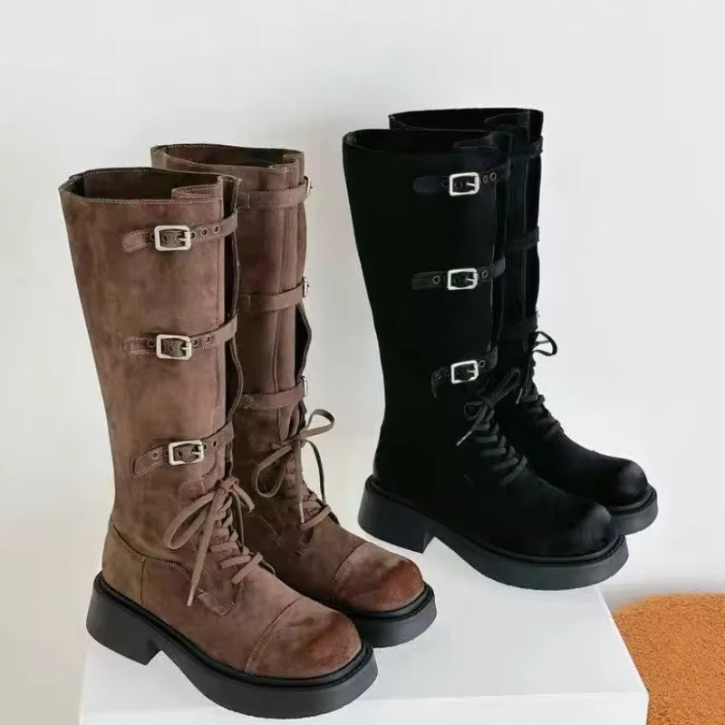 Bottes à talons blocs en daim à la mode, bottes de chevalier à plateforme et boucle de ceinture à bout rond, nouvelle collection automne 2025