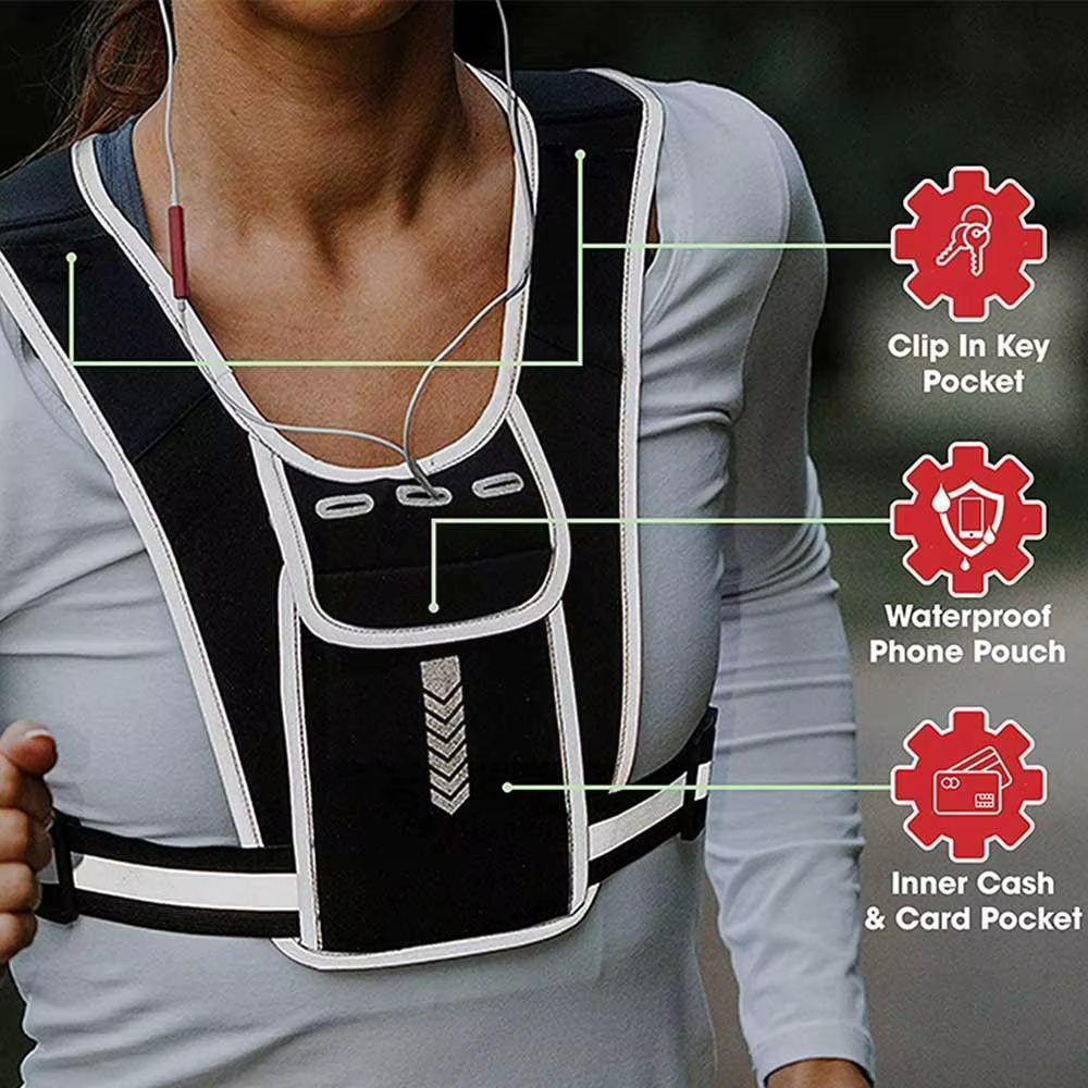 Gilet de course, sac à dos de nuit réfléchissant avec support pour téléphone, sac de bouteille d'eau léger pour le Jogging, l'entraînement, la randonnée