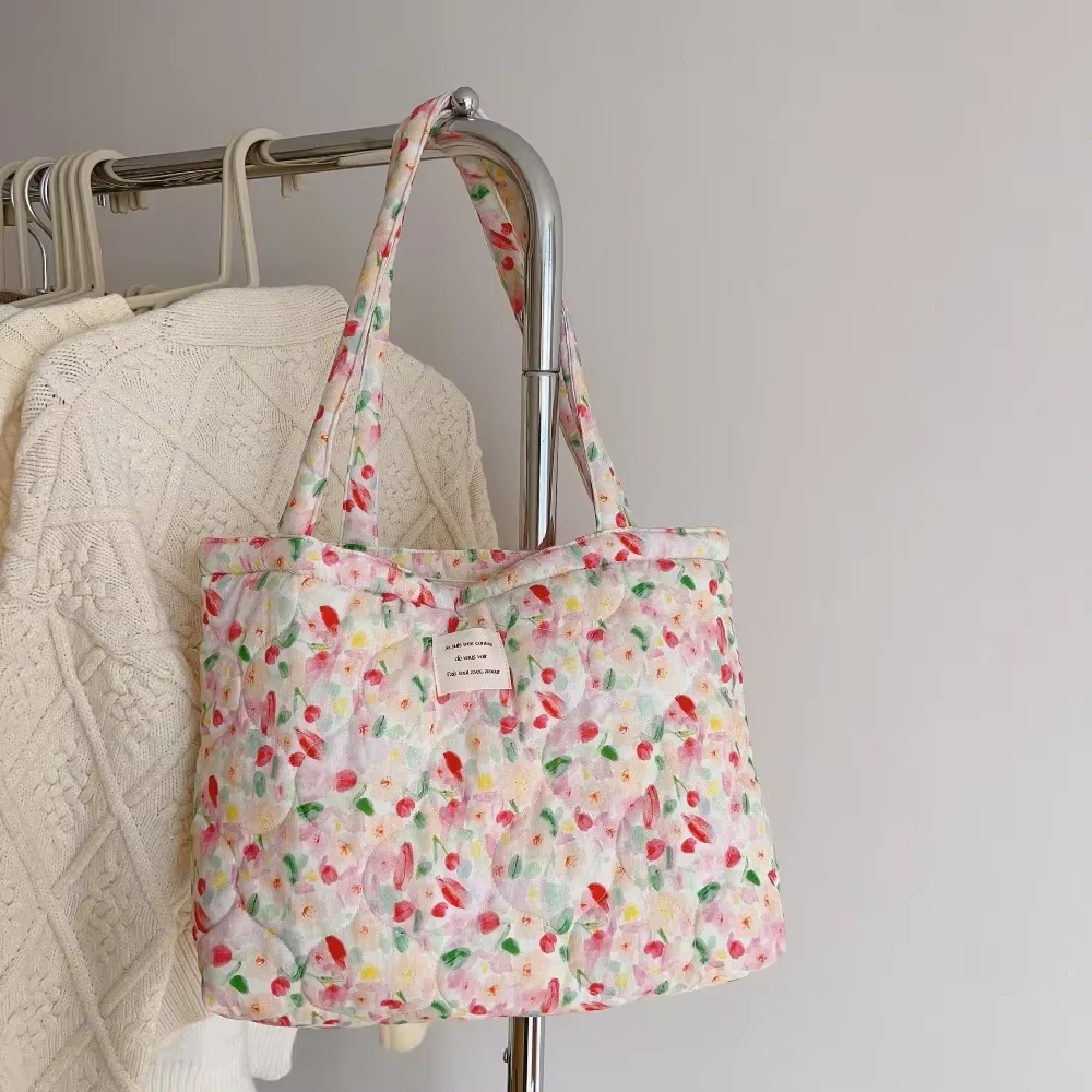Sac à Main en Coton à Motif Floral pour Femme, Fourre-Tout Chic, Bouffant, à Poignée Supérieure, Matelassé, Rembourré, de Styliste, 2025