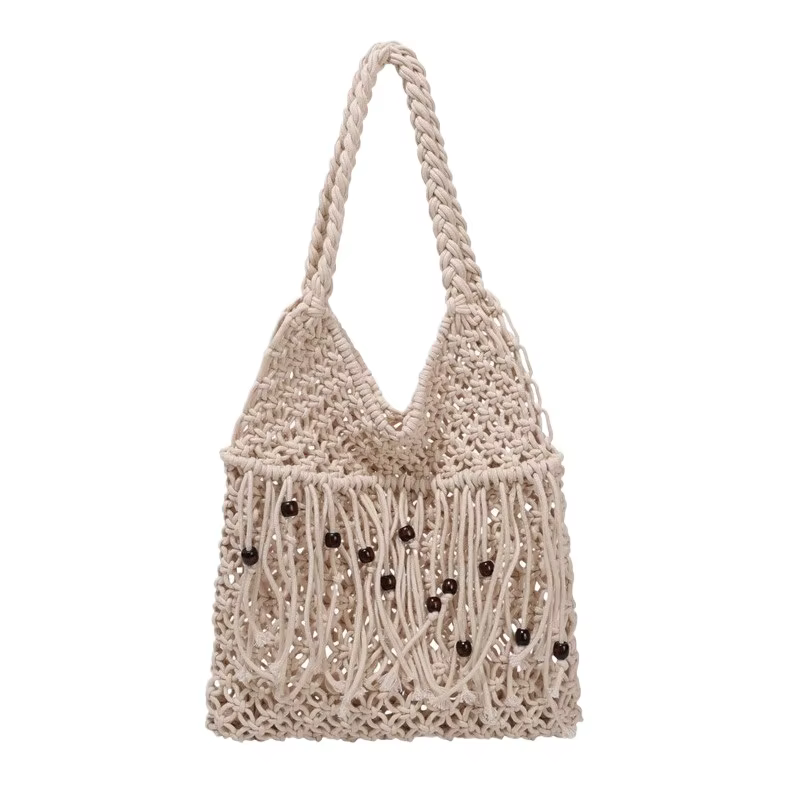 Sac à bandoulière en paille pour femmes, avec cordon de serrage, ajouré et respirant, léger, grande capacité, pour voyage et extérieur