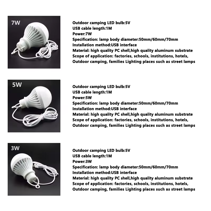 3W 5W 7W USB lampe ampoule Portable Camping lanterne