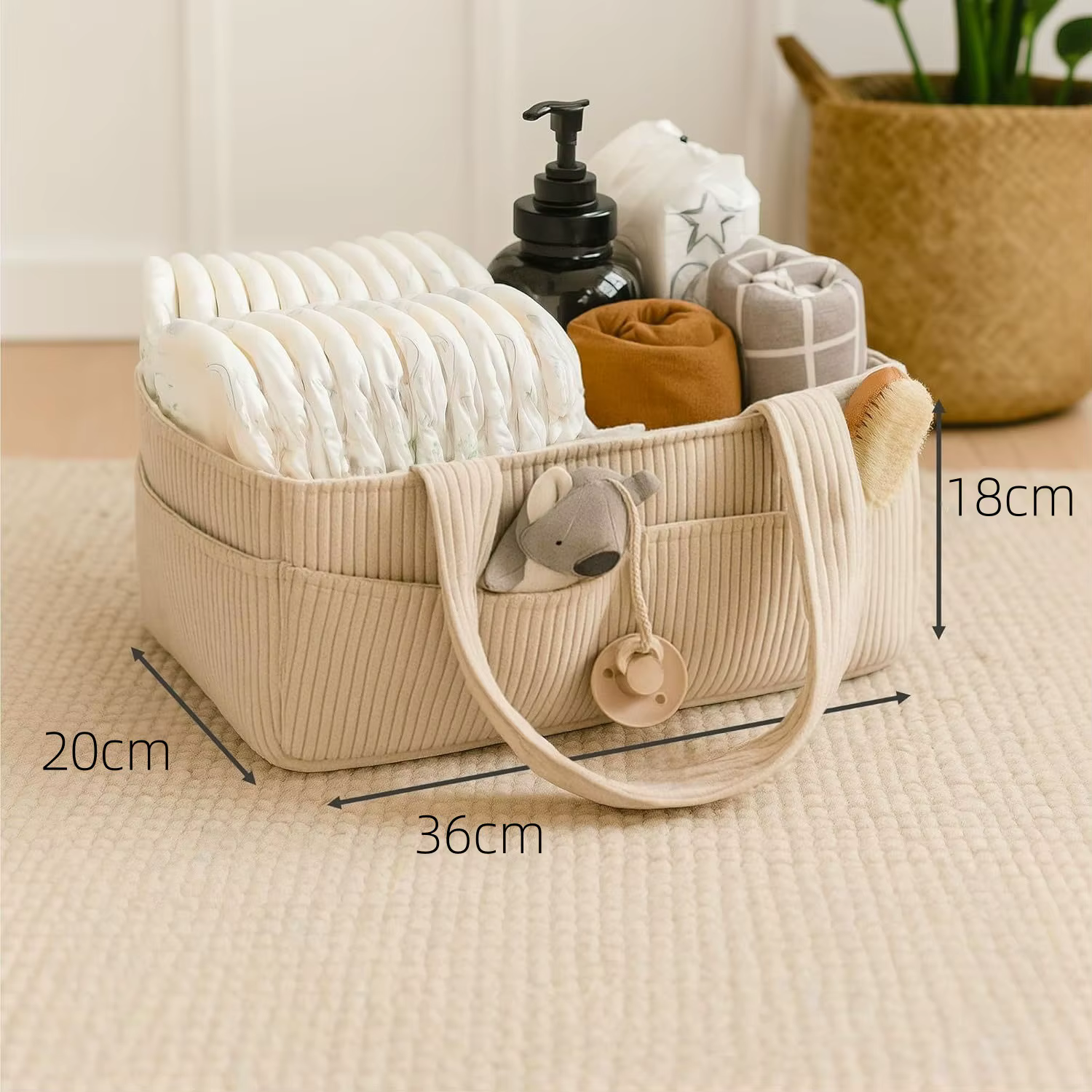 Nouvel Organisateur de Couches en Velours Côtelé Pliable Multi-Poches avec Poignée, Panier de Rangement pour Couches et Langes Nouveau-né