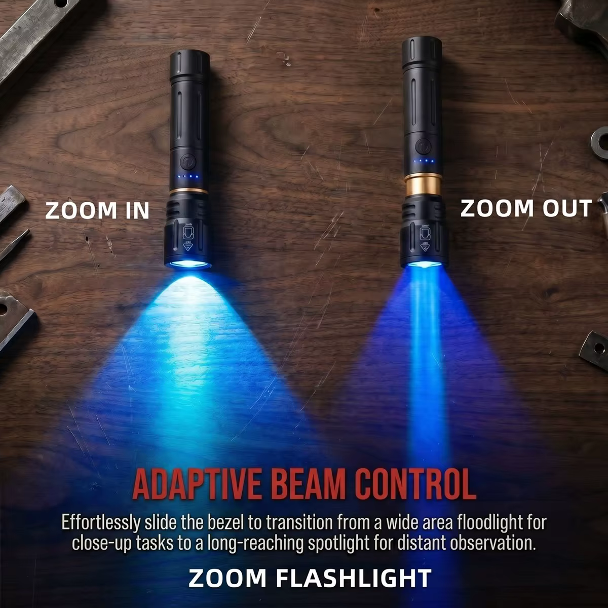 Lampe torche LED Alonefire Zoom haute puissance à lumière bleue, rechargeable par USB, en aluminium, pour le camping, la randonnée, la chasse, la pêche