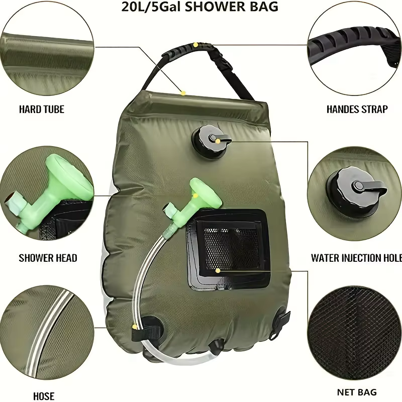 Sac de douche de camping 1/2 pièces - Sac de douche extérieur, sac à eau, tuyau détachable et pomme de douche interchangeable.
