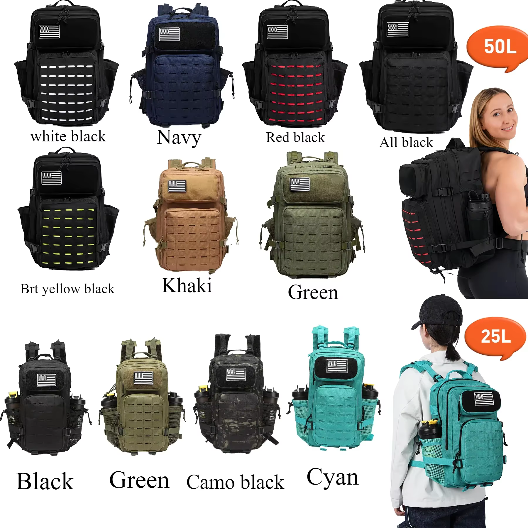 25L/50L étanche avec 2 porte-bouteilles sac à dos salle de sport voyage en plein air randonnée pêche Trekking sacs à dos 13 pouces pochette d'ordinateur