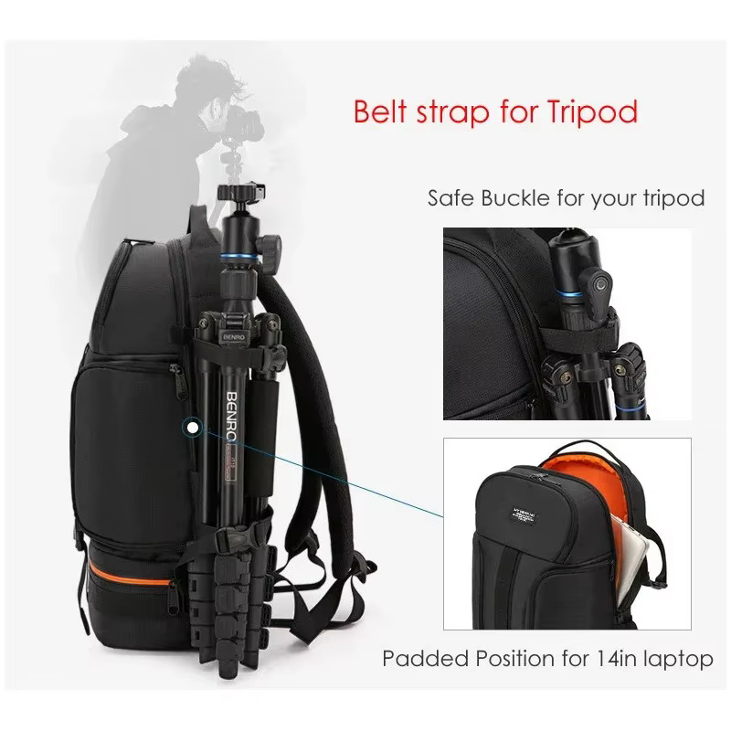 Sac à dos étanche pour appareil photo vidéo, avec bande réfléchissante, adapté au Latptop de 15.6 pouces, étui pour trépied rembourré et souple, sac Photo