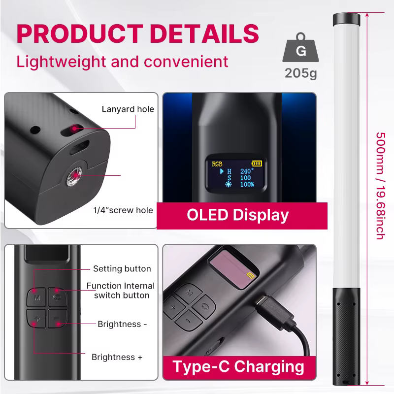Ulanzi VL119 bâton lumineux coloré RGB portable 19.68 pouces baguette lumineuse LED portable CRI 95 + 2500K-9000K lampe de Studio de photographie