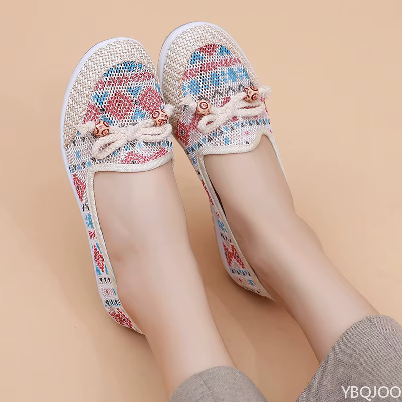 Chaussures en tissu pour femmes, nouvelle collection été 2025, chaussures décontractées respirantes pour mamans, style ethnique, ballerines à bout peu profond pour femmes, Zapatos