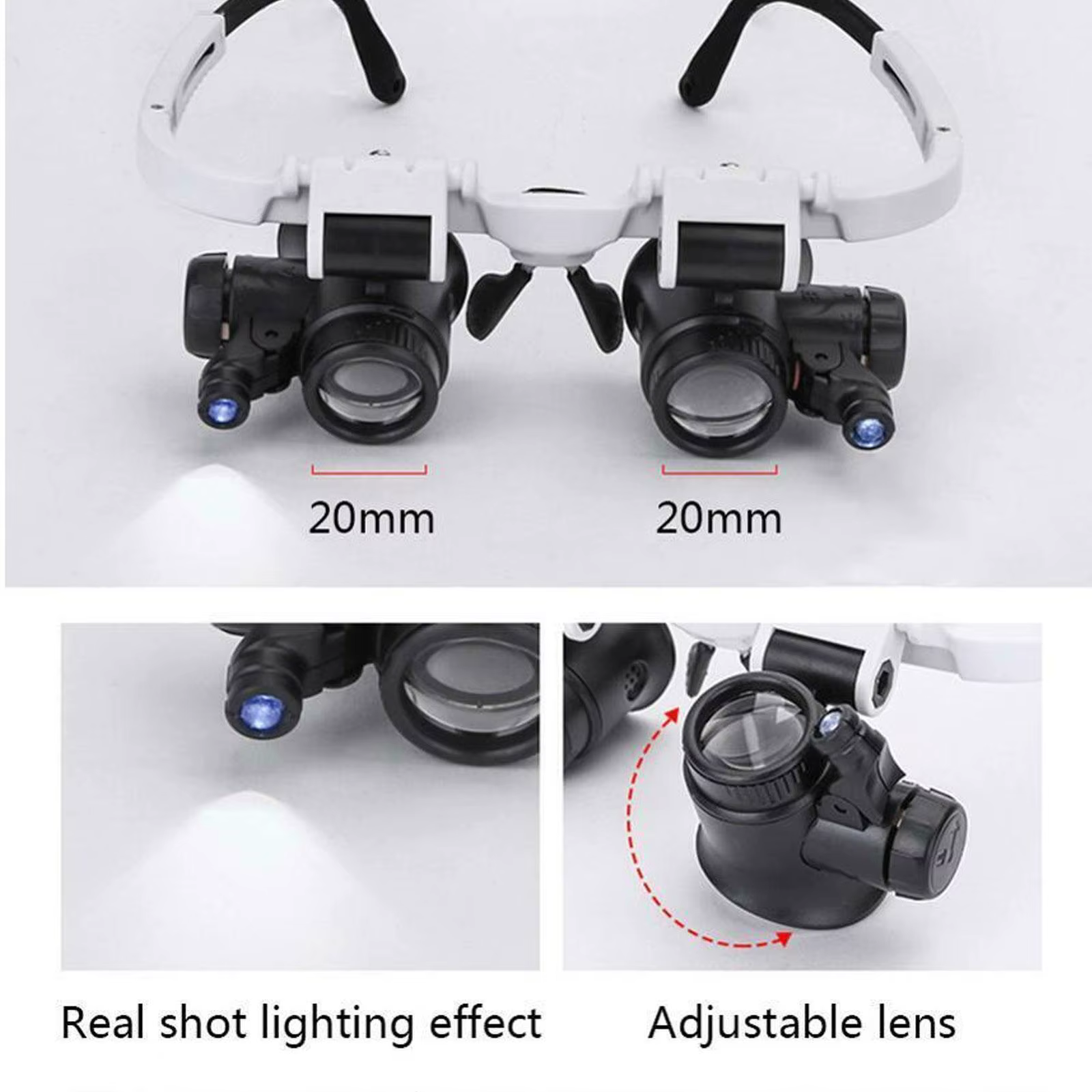 2XLED Montre Bijoutier De Réparation Loupe Tête-Monté Bandeau Réglable Loupe Tête Lunettes Loupe Lentille 8X 15X 23X