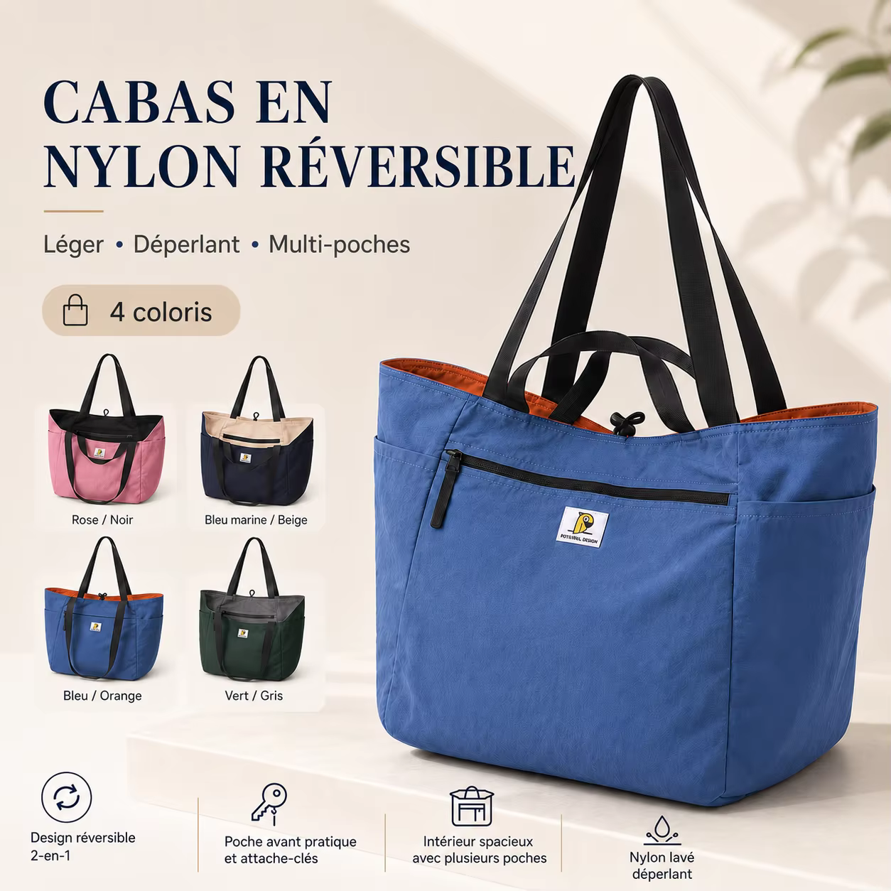 Sac Cabas Femme Réversible en Nylon Lavé Léger Déperlant Grande Capacité Multi-Poches Sac à Épaule de Voyage