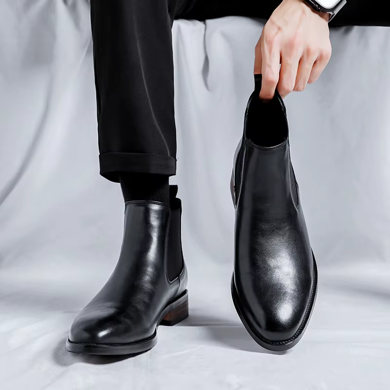 Bottes Chelsea pour hommes à bout pointu, chaussures en cuir polyvalentes à tige haute, style rétro britannique, bottes en cuir rétro - 8100