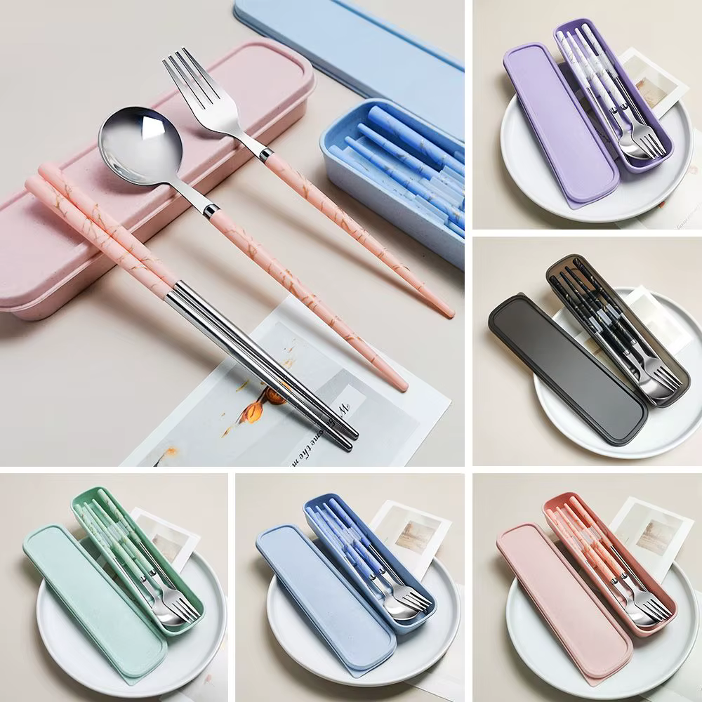 Couverts réutilisables en acier inoxydable, accessoires de cuisine avec boîte, service de table, cuillère, fourchette, baguettes