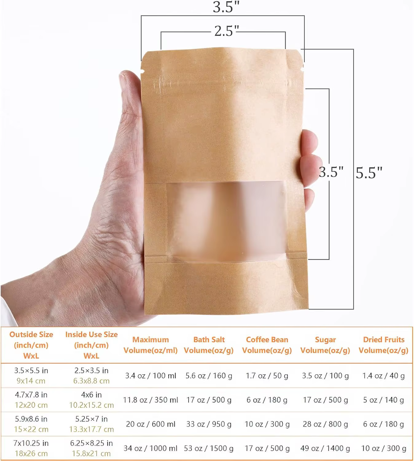 Lot de 300 mini-sacs en papier kraft de 3,5 x 5,5 pouces avec fermeture à glissière refermable et fenêtre transparente, sacs alimentaires autoportants