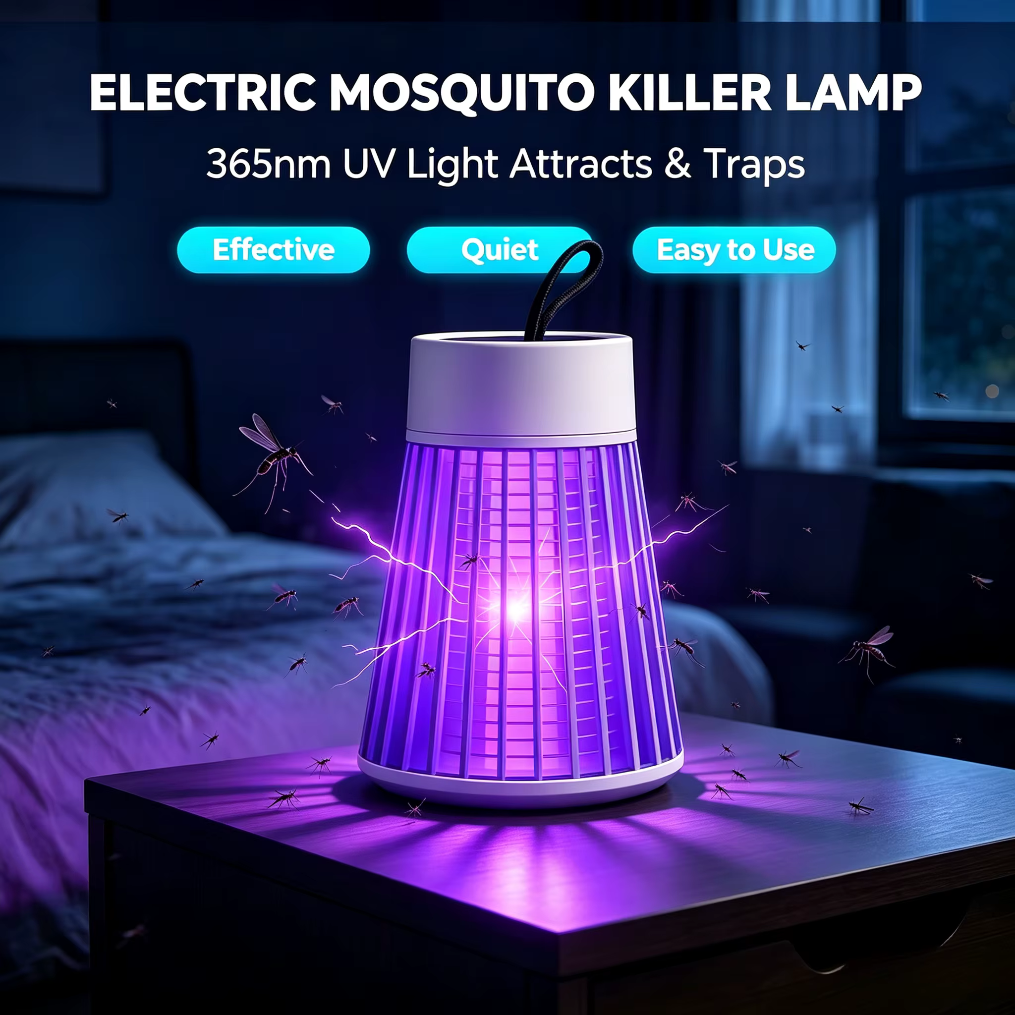 Lampe anti-moustiques 2-en-1 USB, piège à insectes électrique avec veilleuse LED pour chambre, camping extérieur, guêpes, moucherons, mouches