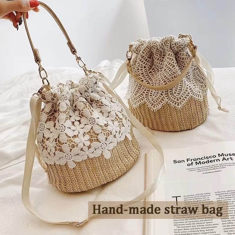 Sac à main en paille tressée pour femmes, sac à bandoulière décontracté, sac de plage en dentelle, sac à pied élégant, article de vacances, E27, nouveau