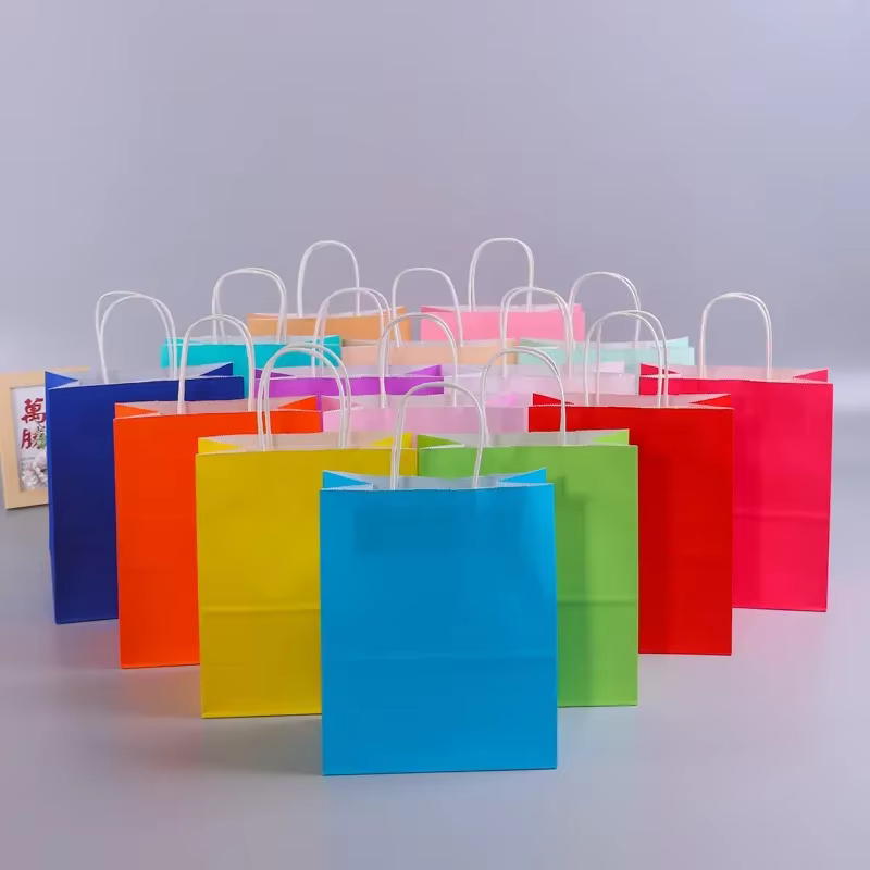 Sacs cadeaux en papier Kraft avec poignées, 10/20/30/50/100 pièces, Shopping, transport artisanal, sac marron blanc, fournitures de fête de noël
