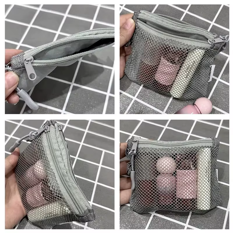 Sacs de rangement en maille double couche, trousse de maquillage portable de voyage avec fermeture éclair, mini organisateur de cosmétiques et articles de toilette, sac simple pour fournitures de bure
