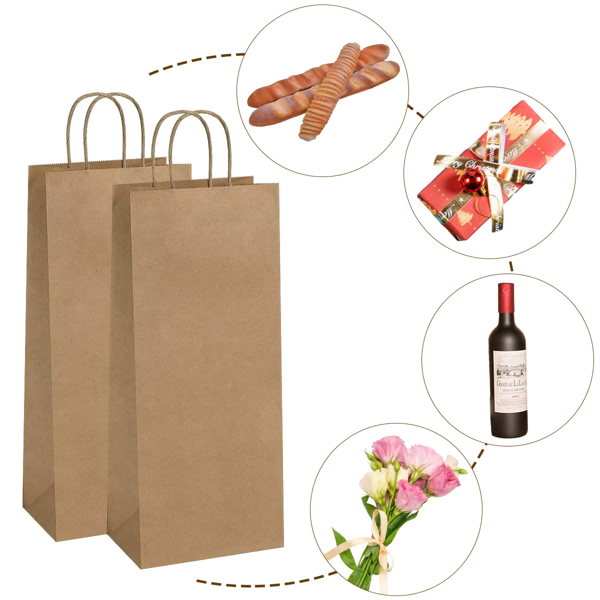 Sacs à vin en papier kraft avec poignées, 10/20 sacs cadeaux pour bouteille unique pour Noël, mariage, sacs de cadeaux pour fêtes