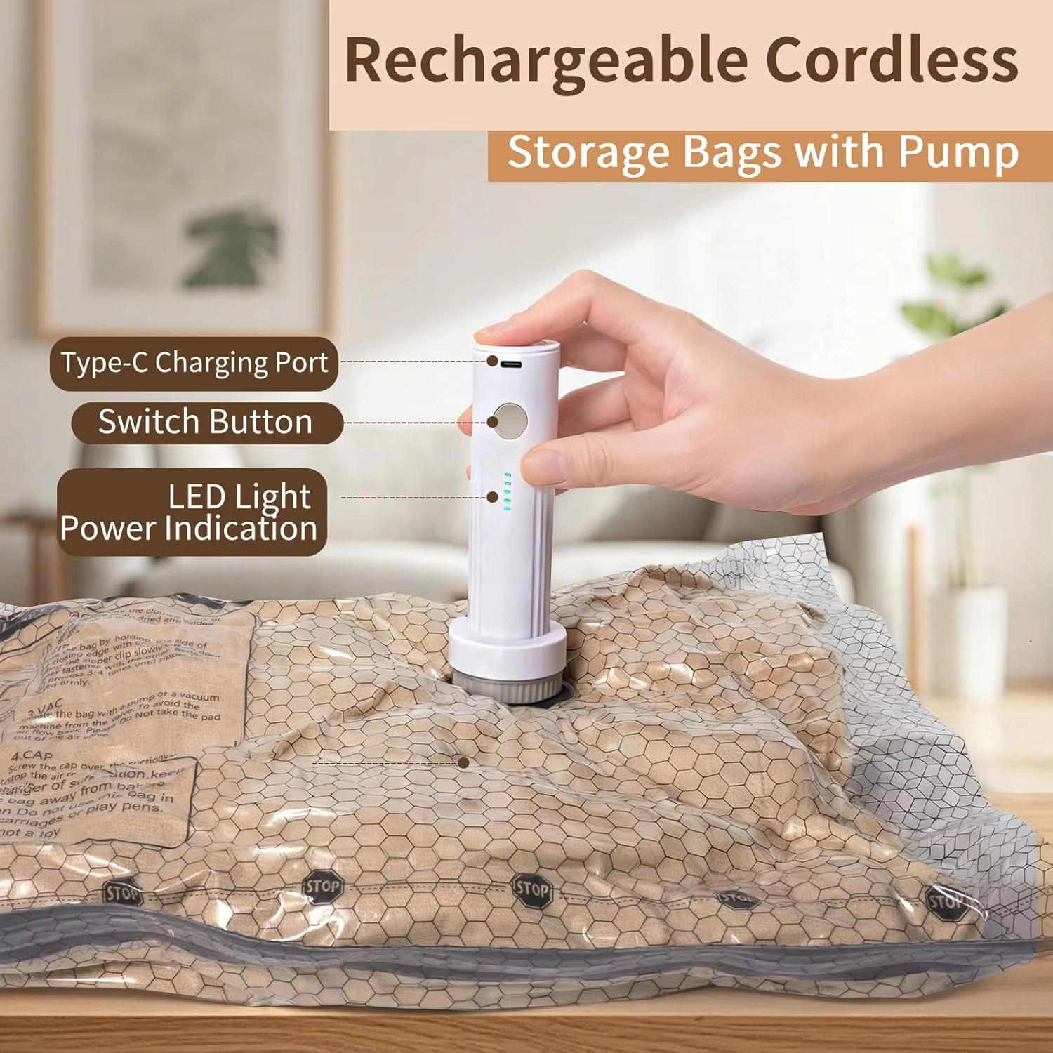 Sacs sous vide pour voyage avec pompe à air rechargeable, sacs de compression format cabine pour bagages et valises, gain de place