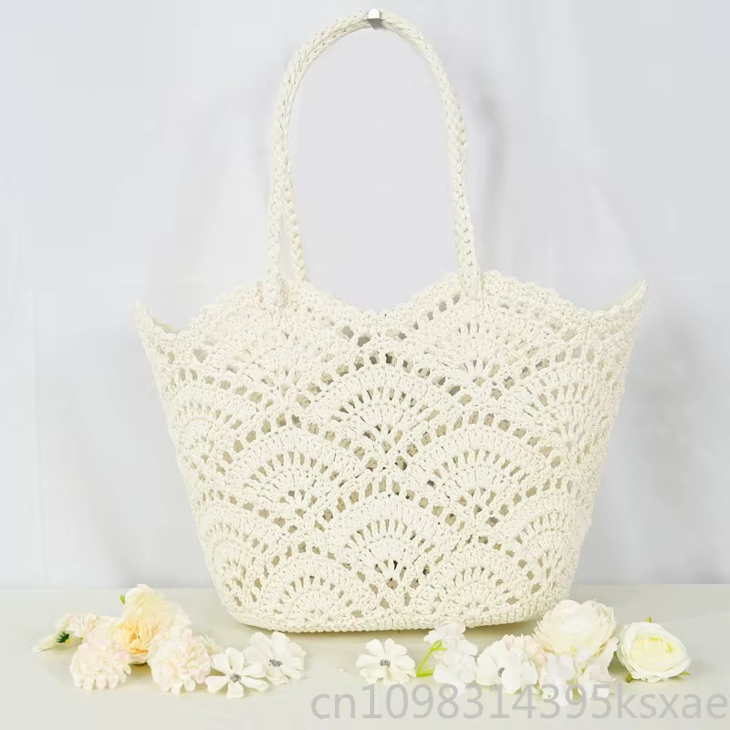 Sac fourre-tout en crochet fait main pour femme, sac de plage bohème en coton tissé, sac à bandoulière décontracté