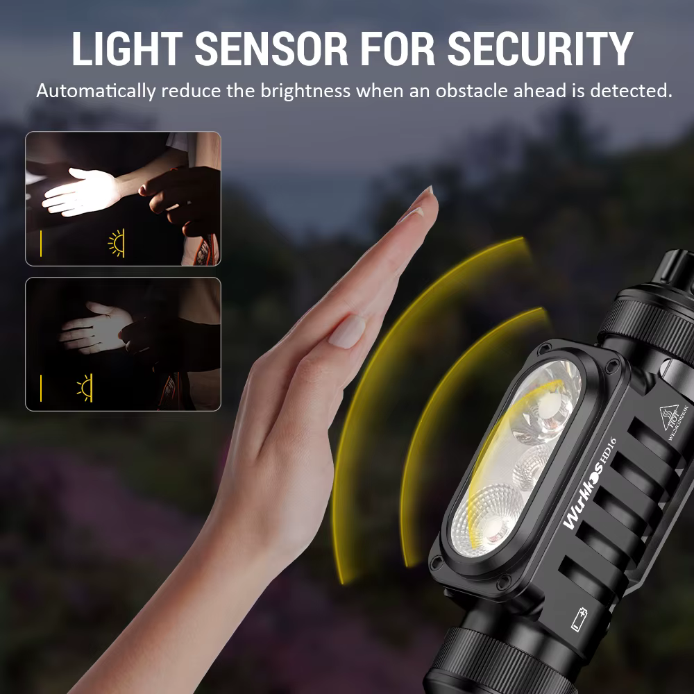 Lampe frontale Wurkkos HD16 2500 Lm avec modes de lumière rouge et blanche et capteur alimenté par une batterie 18650 avec charge USB-C