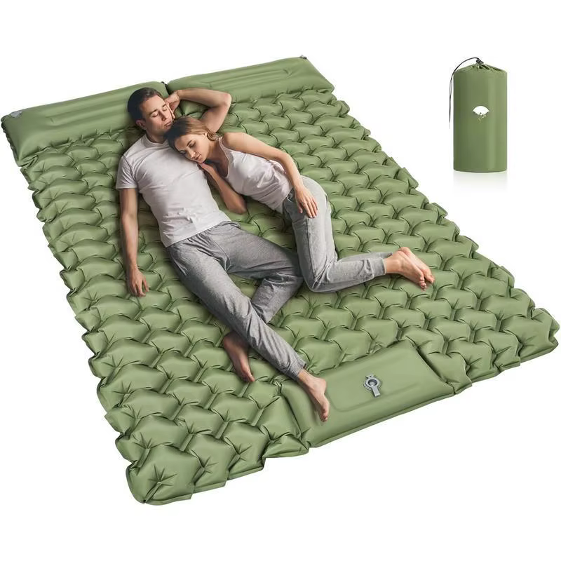 Matelas gonflable de camping pour 2 personnes avec pompe intégrée à commande au pied et oreiller