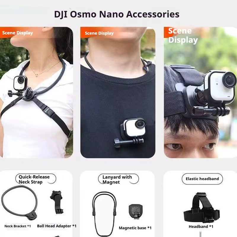 Kit d'accessoires pour DJI Osmo Nano : support de cou, perche à selfie, fixation poitrine/tête, accessoires de cyclisme, trépied pour caméra