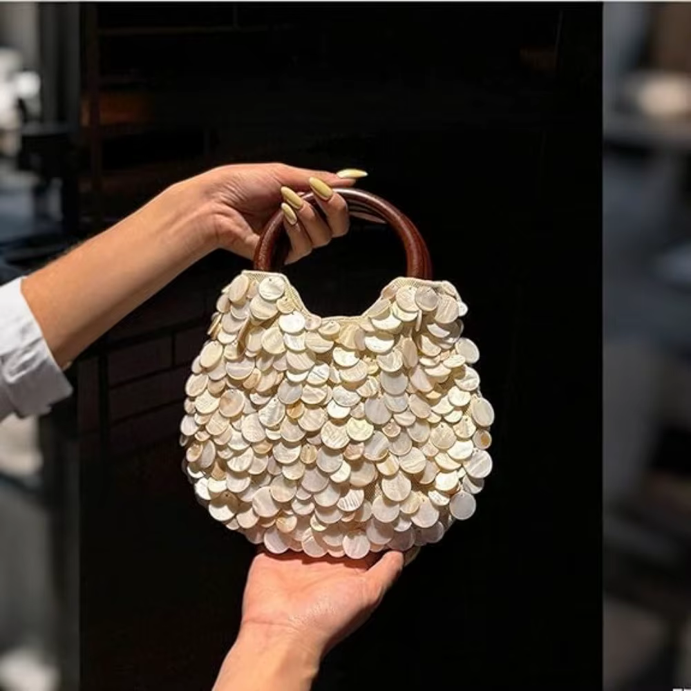 Sac perlé féerique fait à la main Embellissements de coquille de grande capacité Sac à bandoulière tissé 