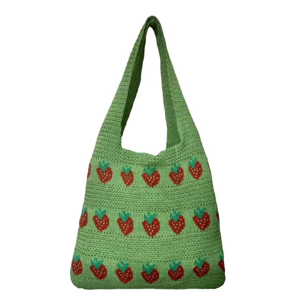 Sac à main tricoté pour femme, motif fraise, grande capacité, sac en crochet durable et léger, sac fraise