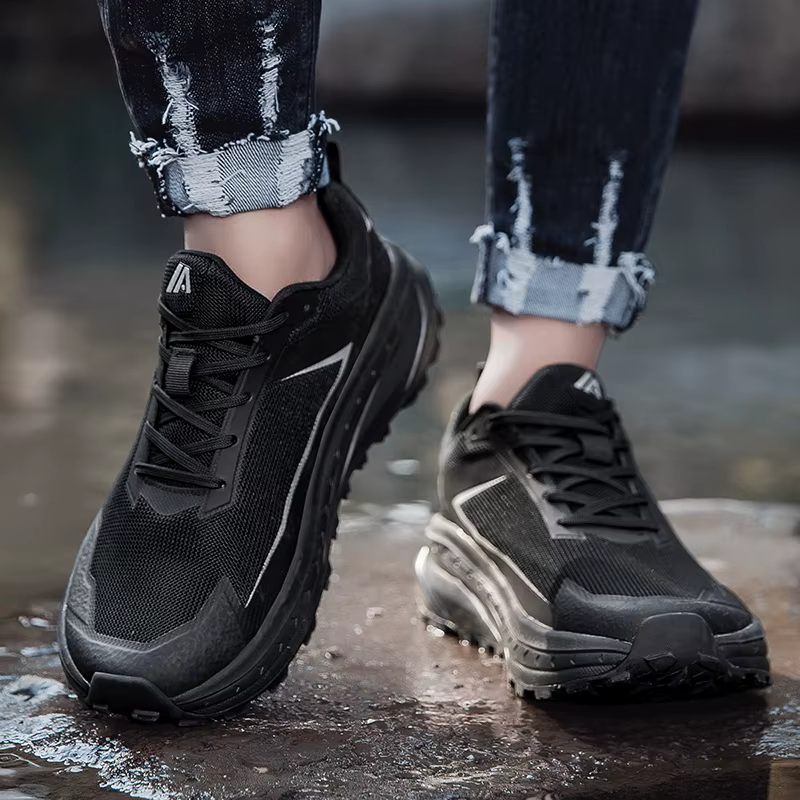 Chaussures de randonnée en plein air pour hommes, grande taille 48, d'alpinisme, en maille noire, respirantes, plates, de haute qualité, chaussures de sport à bout large