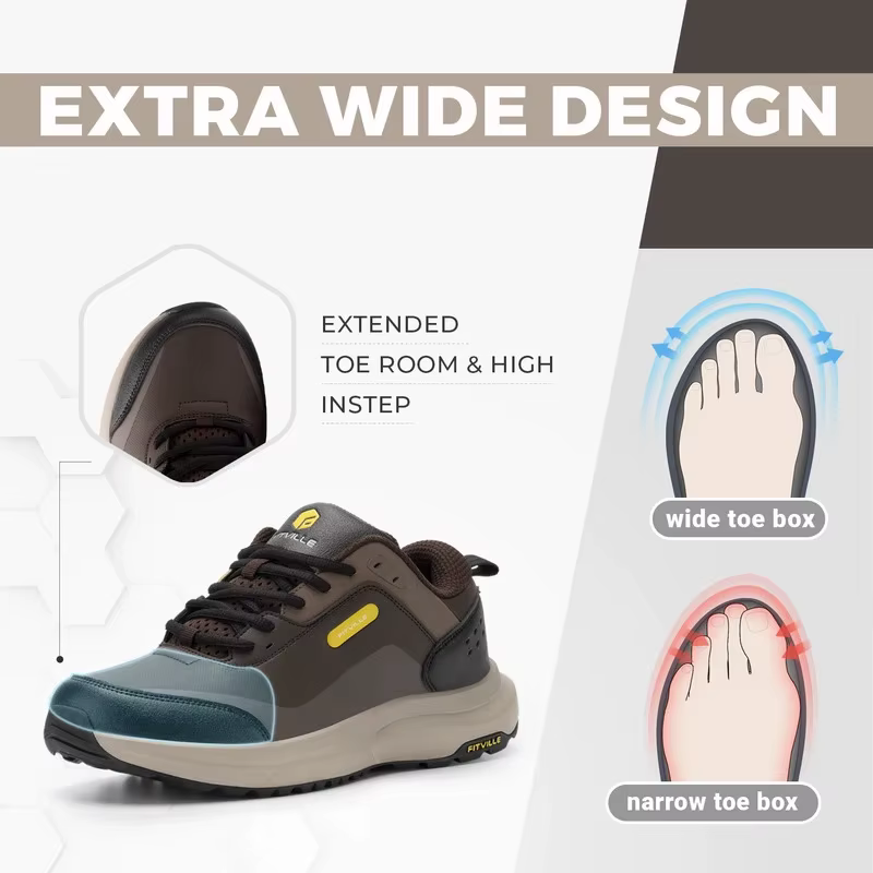 Chaussures de randonnée Fitville pour homme, extra larges, chaussures de marche d'extérieur, chaussures de travail basses imperméables avec soutien de la voûte plantaire pour le talon
