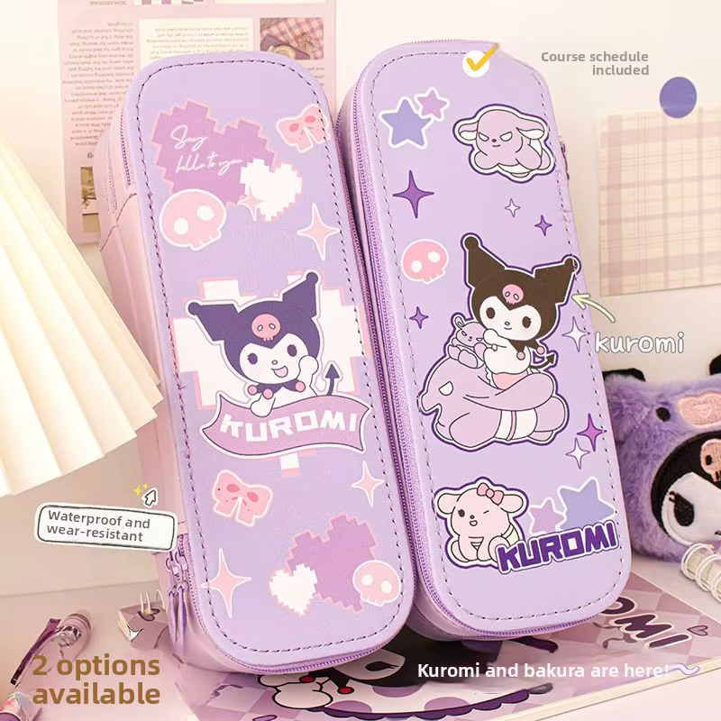 Trousse à crayons double compartiment inspirée de Kuromi, personnage d'anime Kawaii, pour marqueurs, gommes, règles - Vente en gros