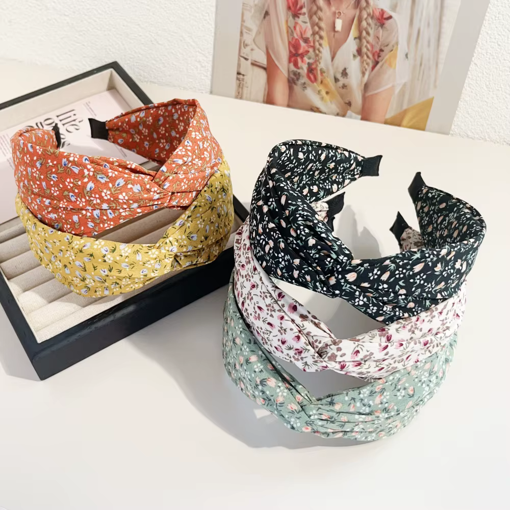Bandeau croisé à fleurs bohème, larges bandes, cerceau pour cheveux, outil de coiffure, tissu Vintage imprimé floral, accessoire d'été pour femmes