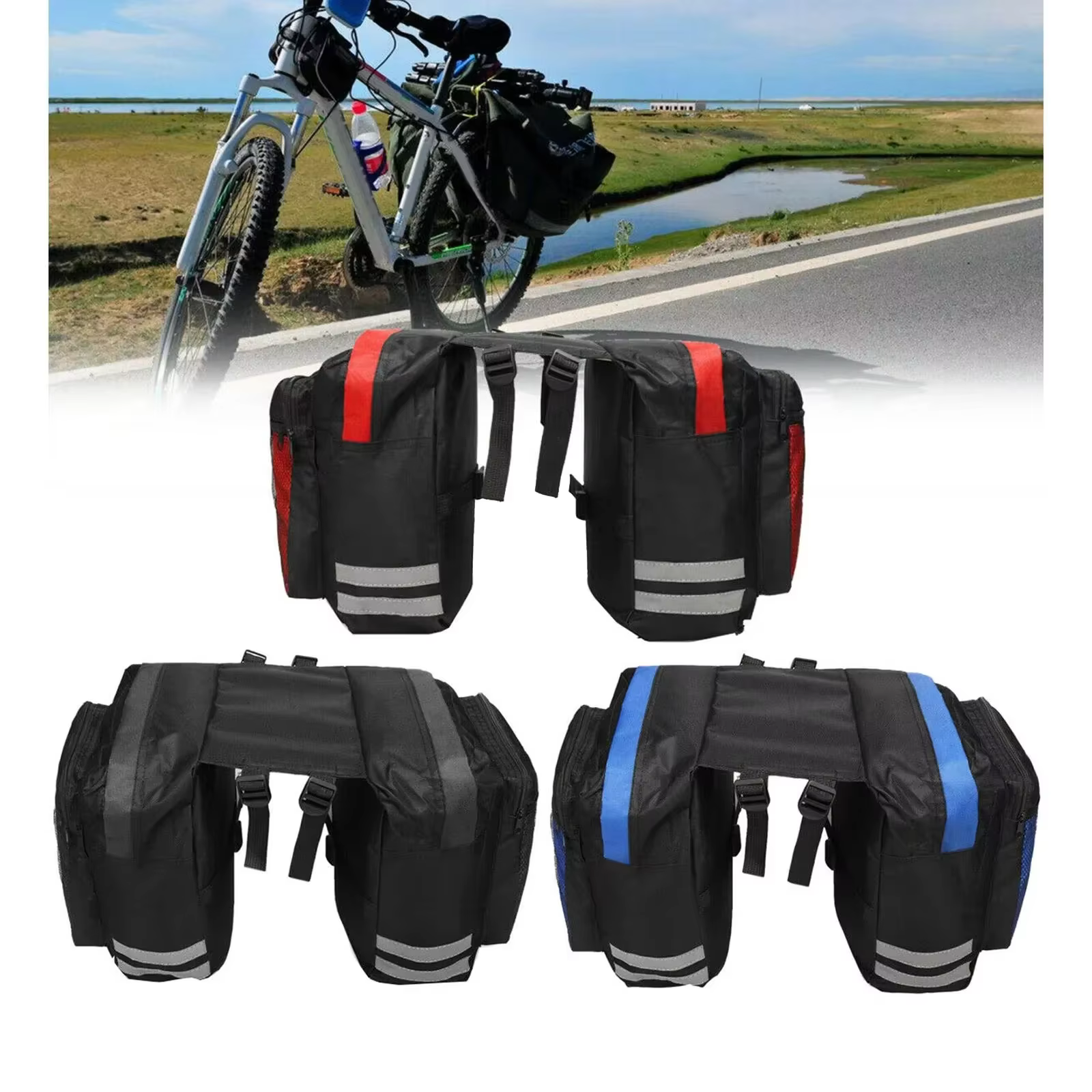 Sac de vélo imperméable, sac de transport avec siège arrière haut et spacieux, design double face + bandes réfléchissantes