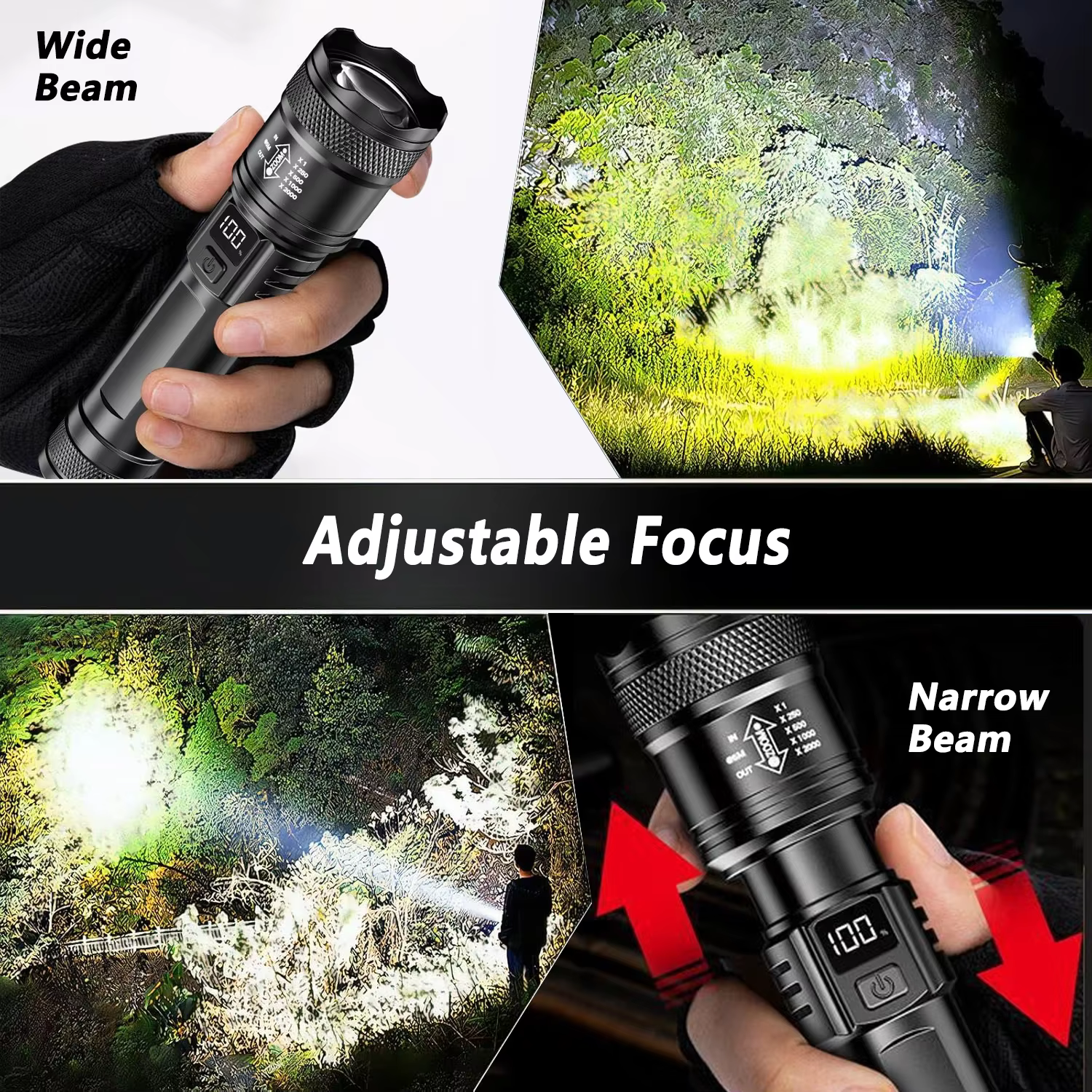 Lampe de poche LED Ultra lumineuse 2000LM type-c Rechargeable longue portée Zoom torche tactique extérieure d'urgence Camping pêche lanterne