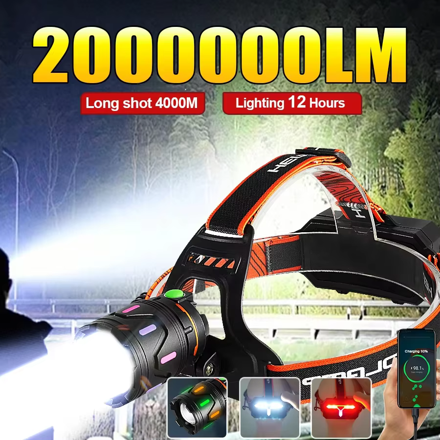 200000LM lampe frontale la plus puissante USB Rechargeable haute puissance LED