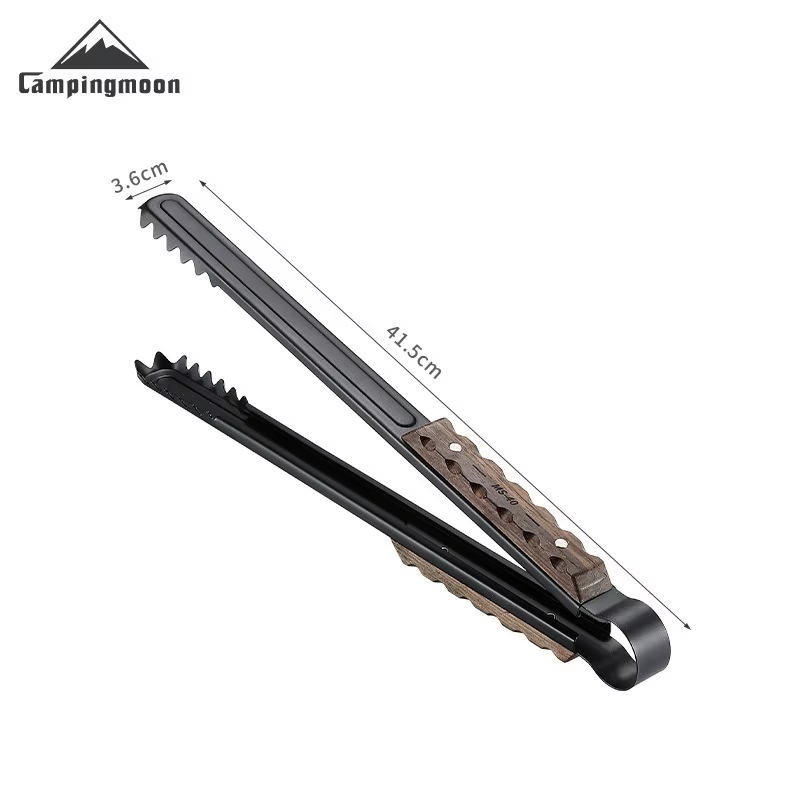 CAMPINGMOON BKMS-41 Pince à charbon multifonctionnelle en acier inoxydable avec poignée en bois massif anti-brûlure pour barbecue