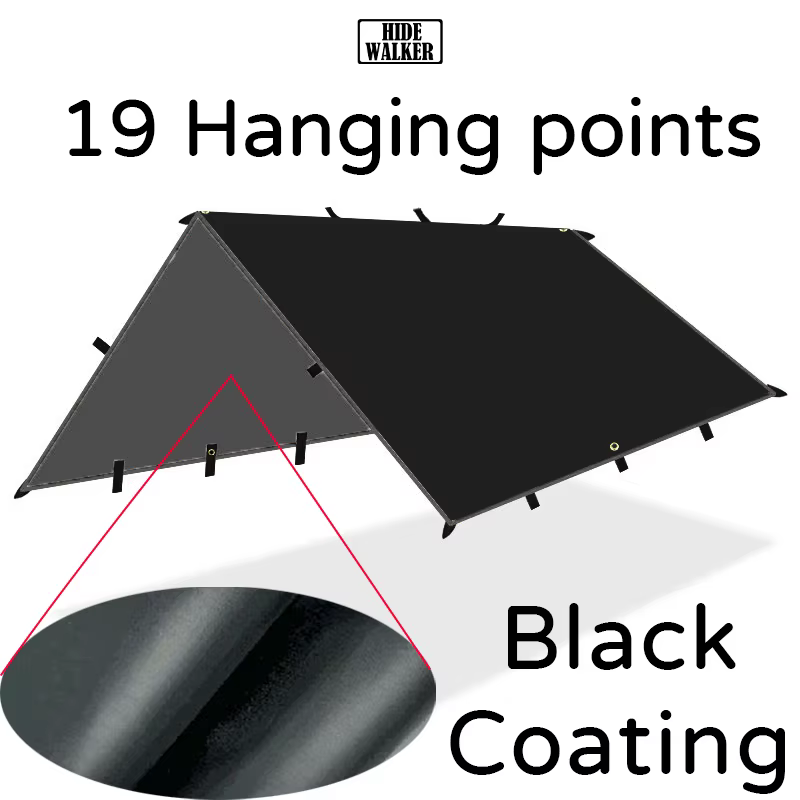 Bâche de revêtement noir imperméable à 19 Points de suspension, bâche de tente de Camping en plein air, abri Bushcraft, bricolage, tente volante