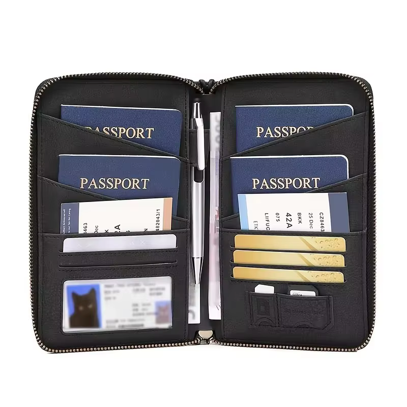Porte-documents de voyage noir avec fermeture éclair longue, portefeuille de rangement pour billets, sac de rangement pour plusieurs passeports avec sangle de poignet TMZ, 1 pièce