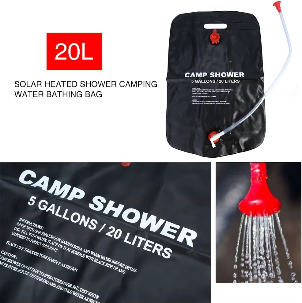 Douche solaire portable 20L pour camping et randonnée – Solution de chauffage d'eau extérieure