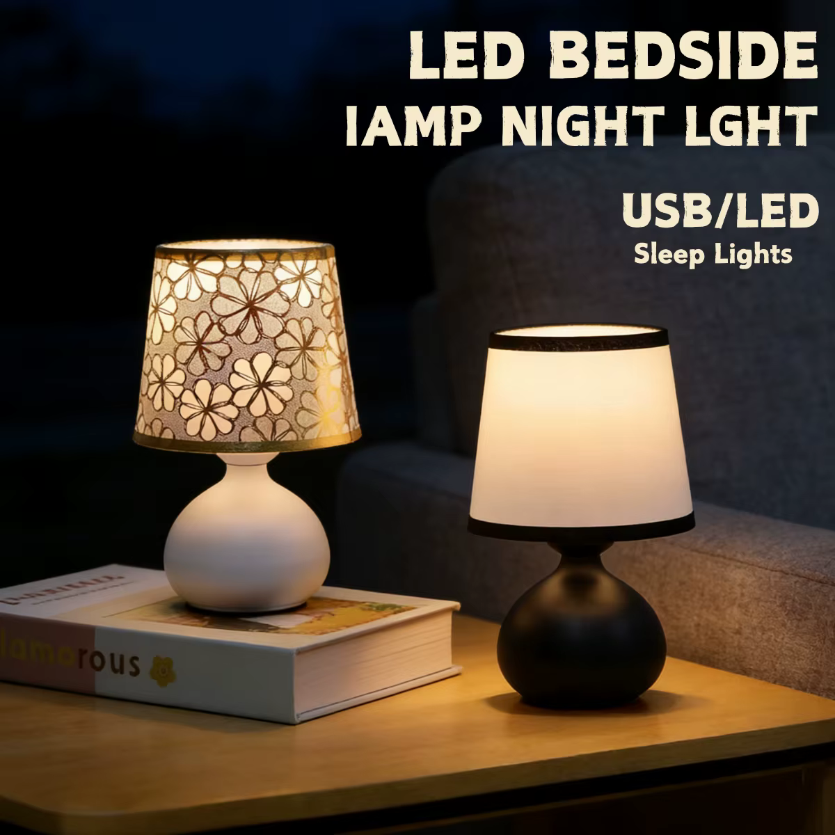 Lampe de bureau à base métallique en tissu avec lumière USB de couleur chaude, 1 pièce, adaptée à la décoration de la chambre à coucher, du bureau et du salon