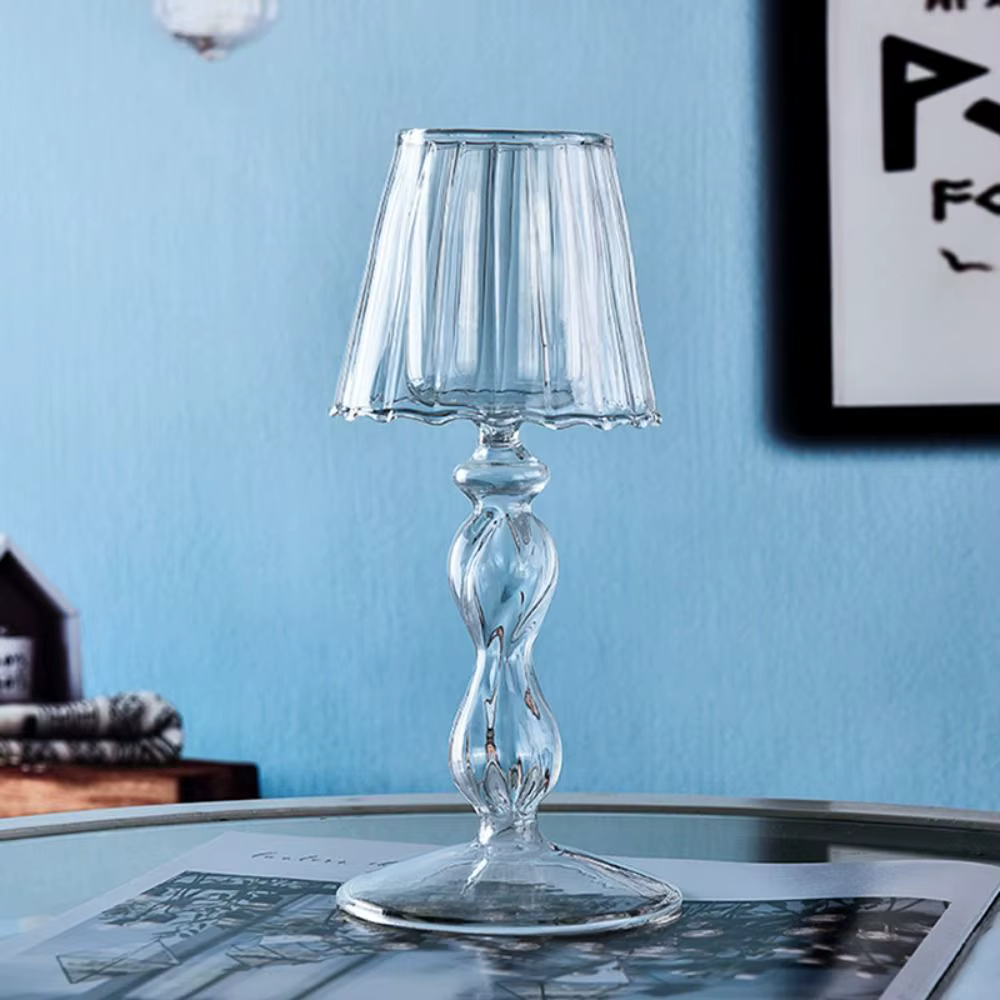 Chandelier rayé en verre à pieds hauts, bougeoir délicat et créatif en forme de lampe, candélabre artisanal d'art Transparent pour salon