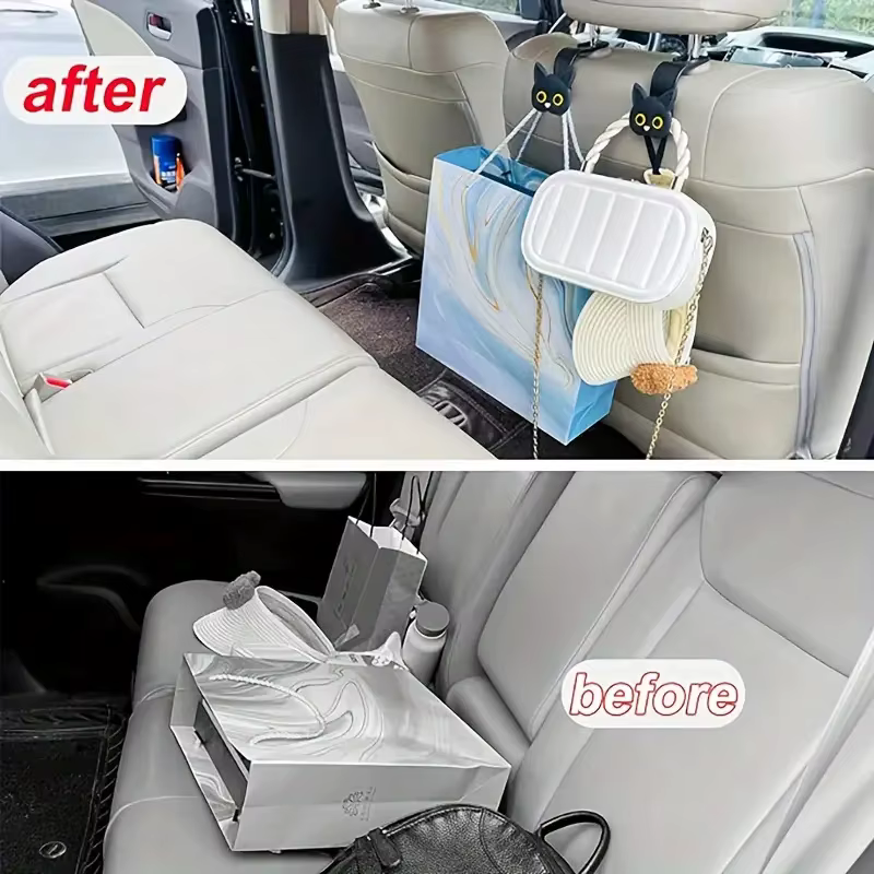 2 pièces adorables crochets d'appui-tête de siège de voiture de chat de dessin animé 3D-organisateur de stockage de véhicule universel pour sacs à main, sacs à main, manteaux-mignon Ca