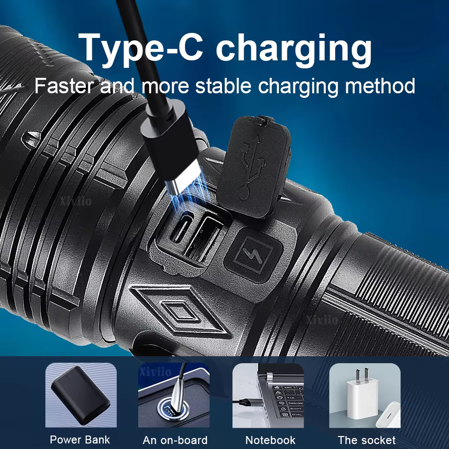 69000000LM 15000W lampe de poche Ultra puissante Zoom télescopique lampes Flash type-c torche LED Rechargeable Camping d'aventure en plein air