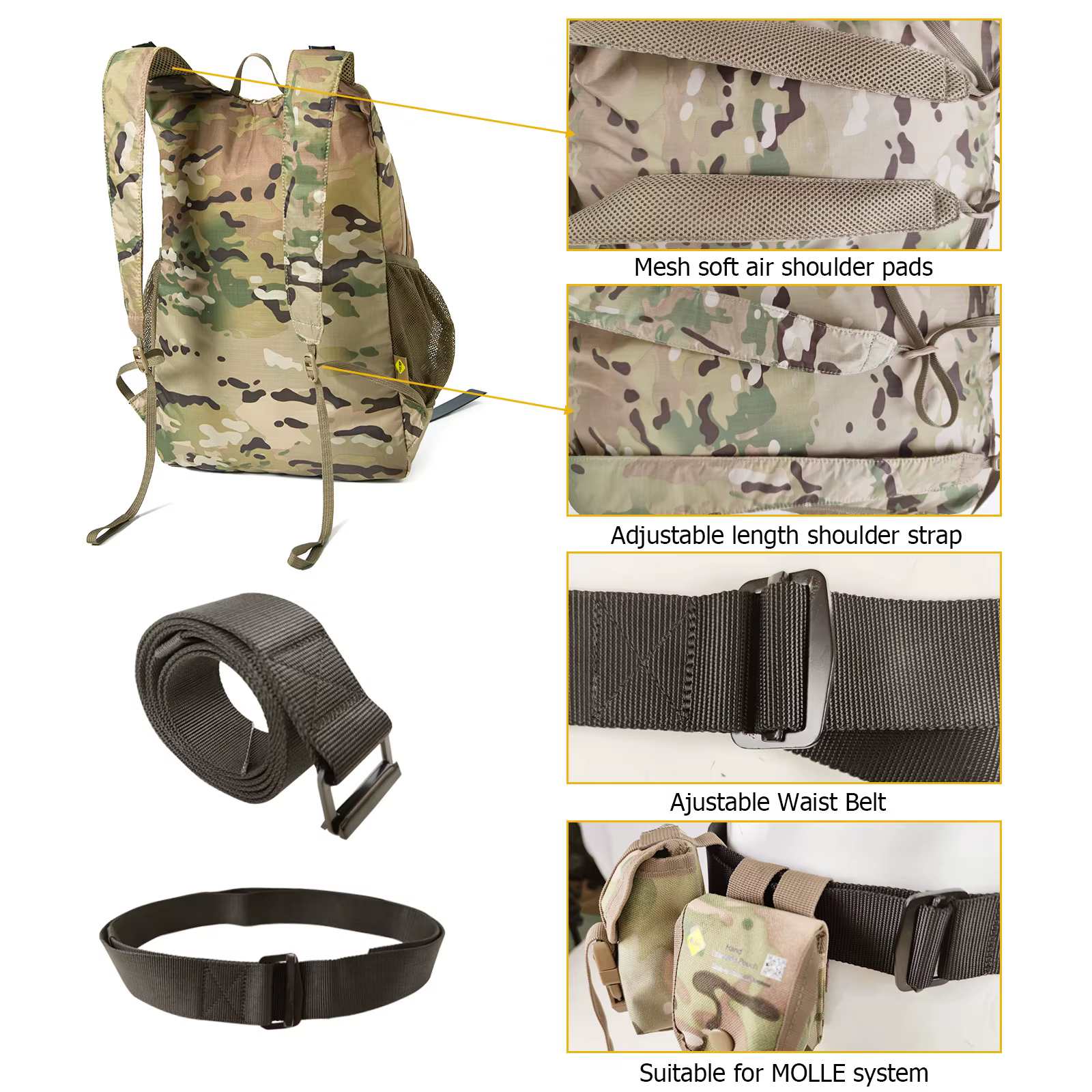 MT militaire pliable Day Pack Portable sac à dos ensemble 30L ultra-léger voyage en plein air randonnée sacs avec ceinture