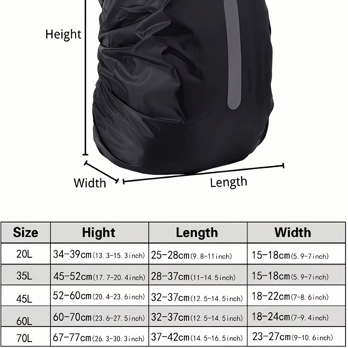 Housse de pluie pliable noire 20-70L pour sac à dos avec bandes réfléchissantes – Idéale pour la randonnée