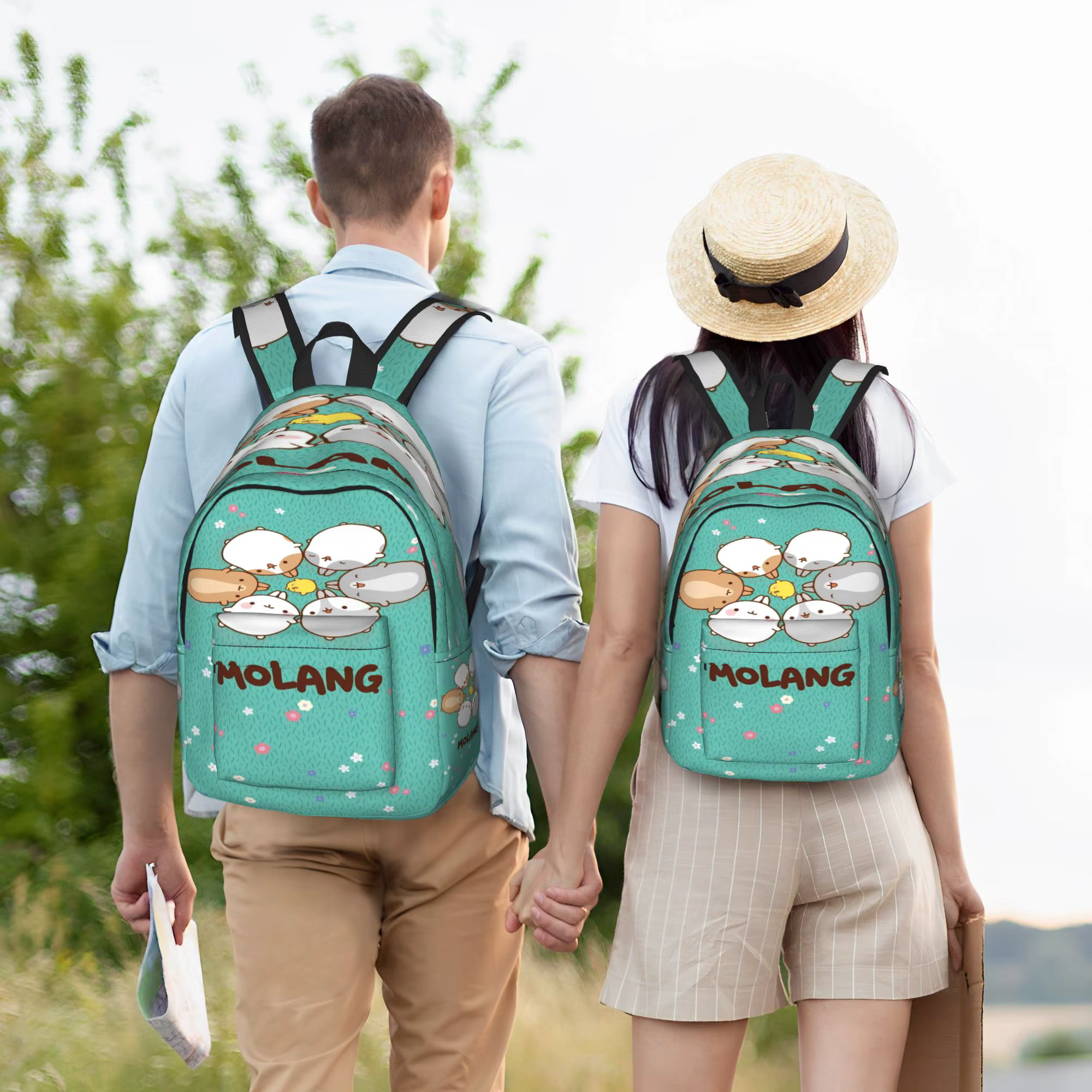 Sac à dos de dessin animé amusant Molang pour adolescents, sacs à dos durables en polyester, sacs d'école Kawaii, sac à dos coloré pour l'entraînement