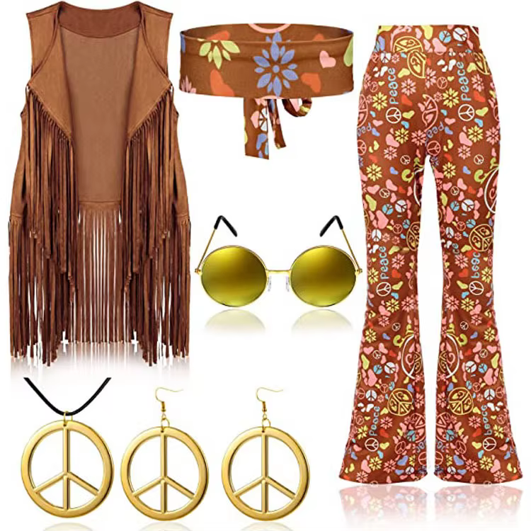 Costume Hippie Femme Amour et Paix Années 60 70 Tenue de Scène Fille Accessoires de Performance à Pompons Indiens