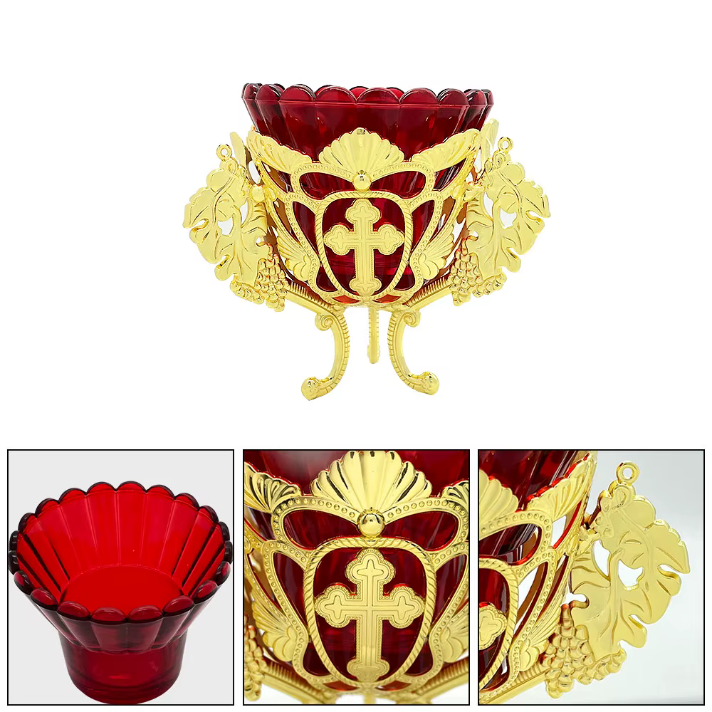 Lampe Vigil suspendue orthodoxe |   Alliage plaqué or avec croix de bol en verre rouge et conception de vigne pour l'autel de la maison de l'église